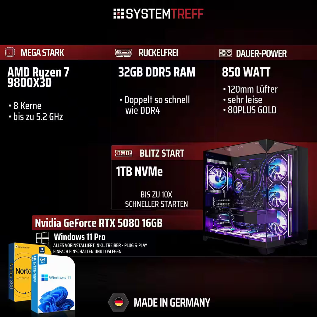 SYSTEMTREFF PC Gamer AMD Ryzen 7 9800X3D avec NVIDIA GeForce RTX 5080 16Go