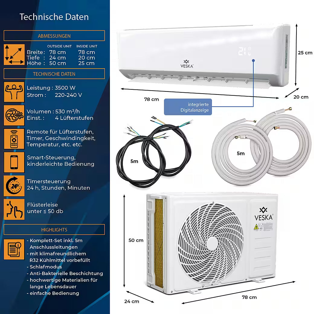 VESKA® Split-Klimaanlage Inverter 12.000 BTU – 3,5 kW