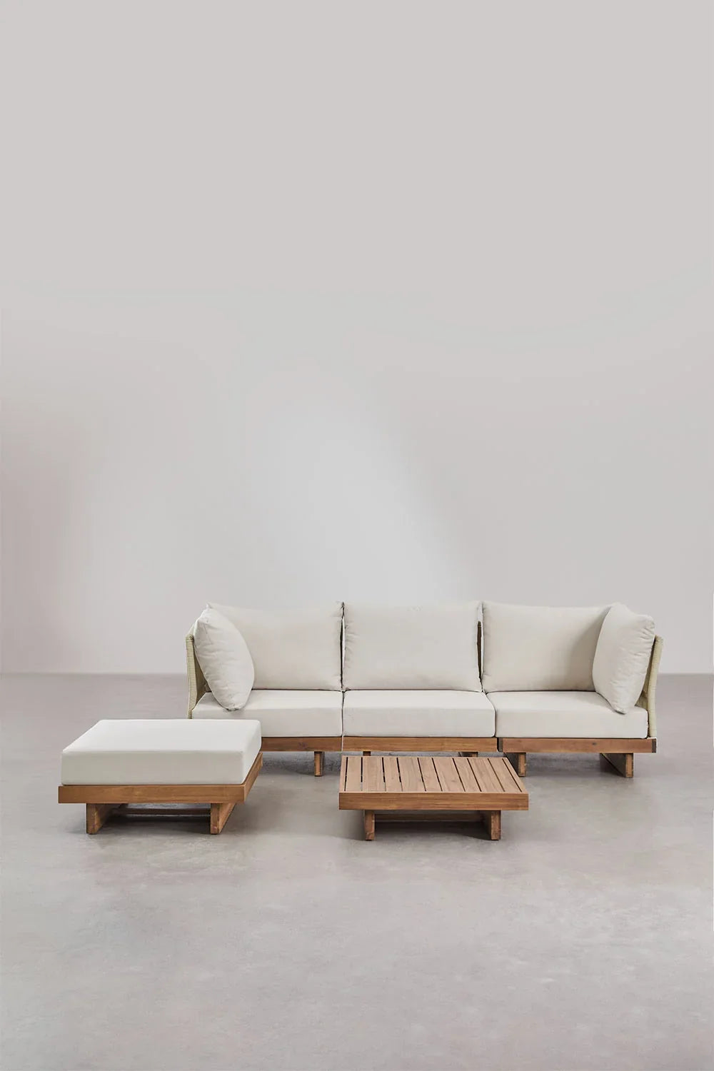 Dailin 3-Piece Modular Living Room Set with 2 Corner Armchairs, Coffee Table and Acacia Wood Ottoman