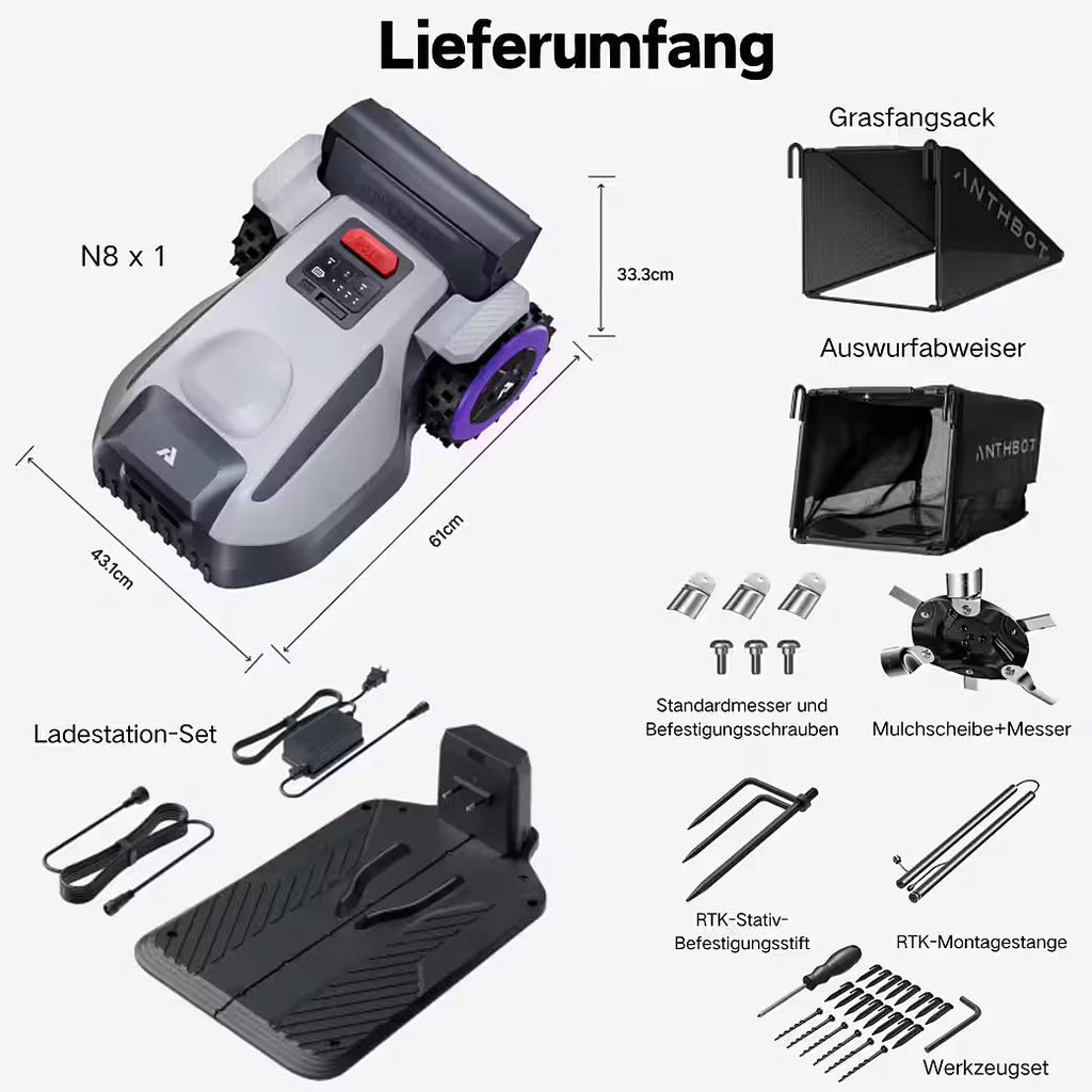 ANTHBOT N8 – 4-in-1 Mähroboter ohne Begrenzungskabel mit 23-L-Fangkorb
