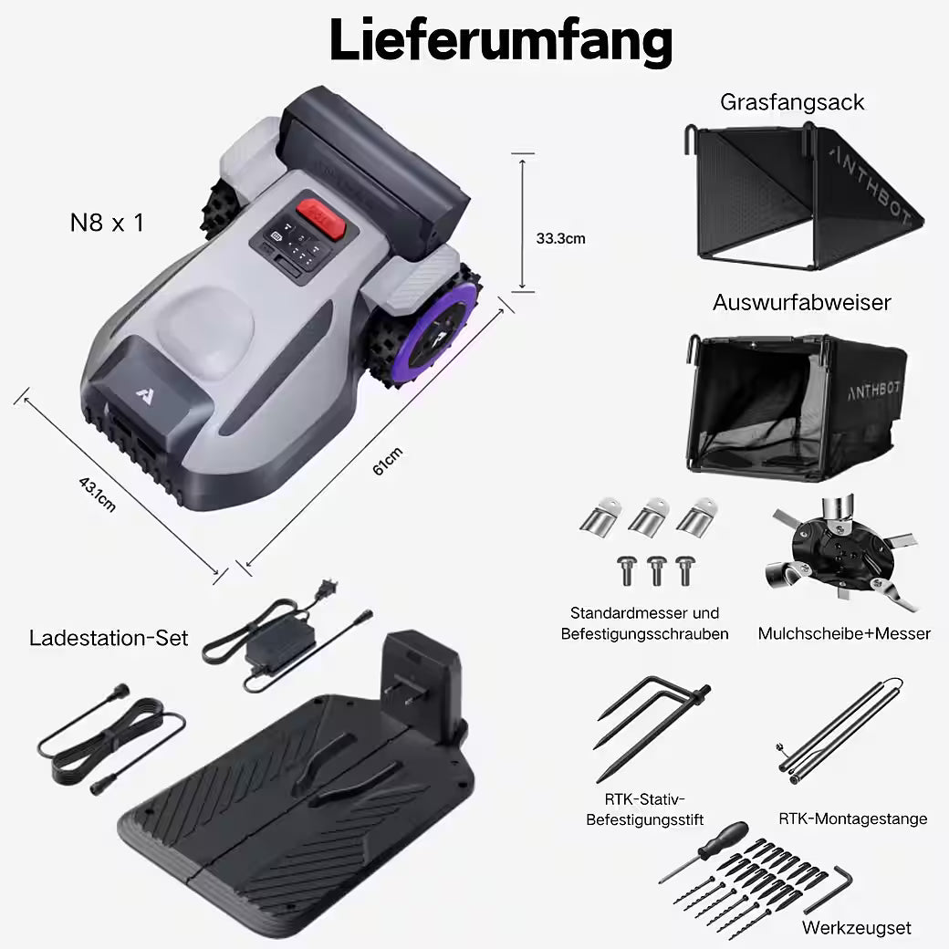 ANTHBOT N8 – 4-in-1 Mähroboter ohne Begrenzungskabel mit 23-L-Fangkorb