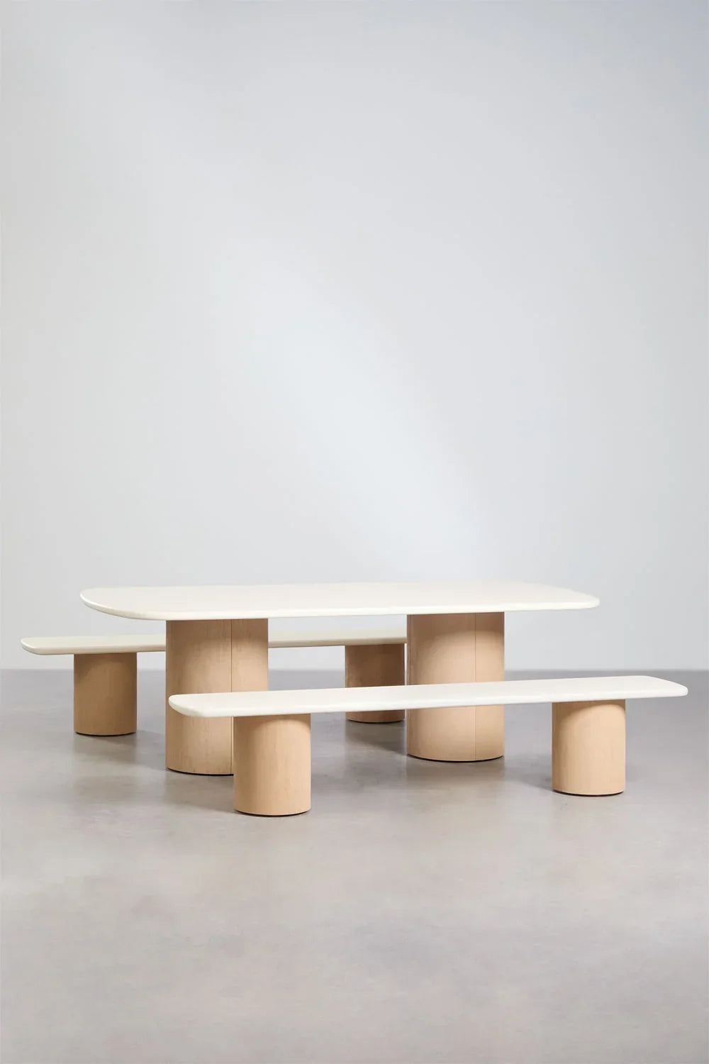 Sharpay Rectangular Garden Table Set 230x110 cm with 2 Garden Benches in Cement and Acacia Wood