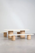 Sharpay Rectangular Garden Table Set 230x110 cm with 2 Garden Benches in Cement and Acacia Wood