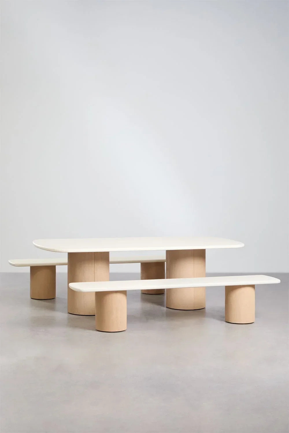 Sharpay Rectangular Garden Table Set 230x110 cm with 2 Garden Benches in Cement and Acacia Wood